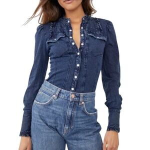 Free People Dark Wash Denim Ruffle Snap Button Blouse Fitted Western Top M